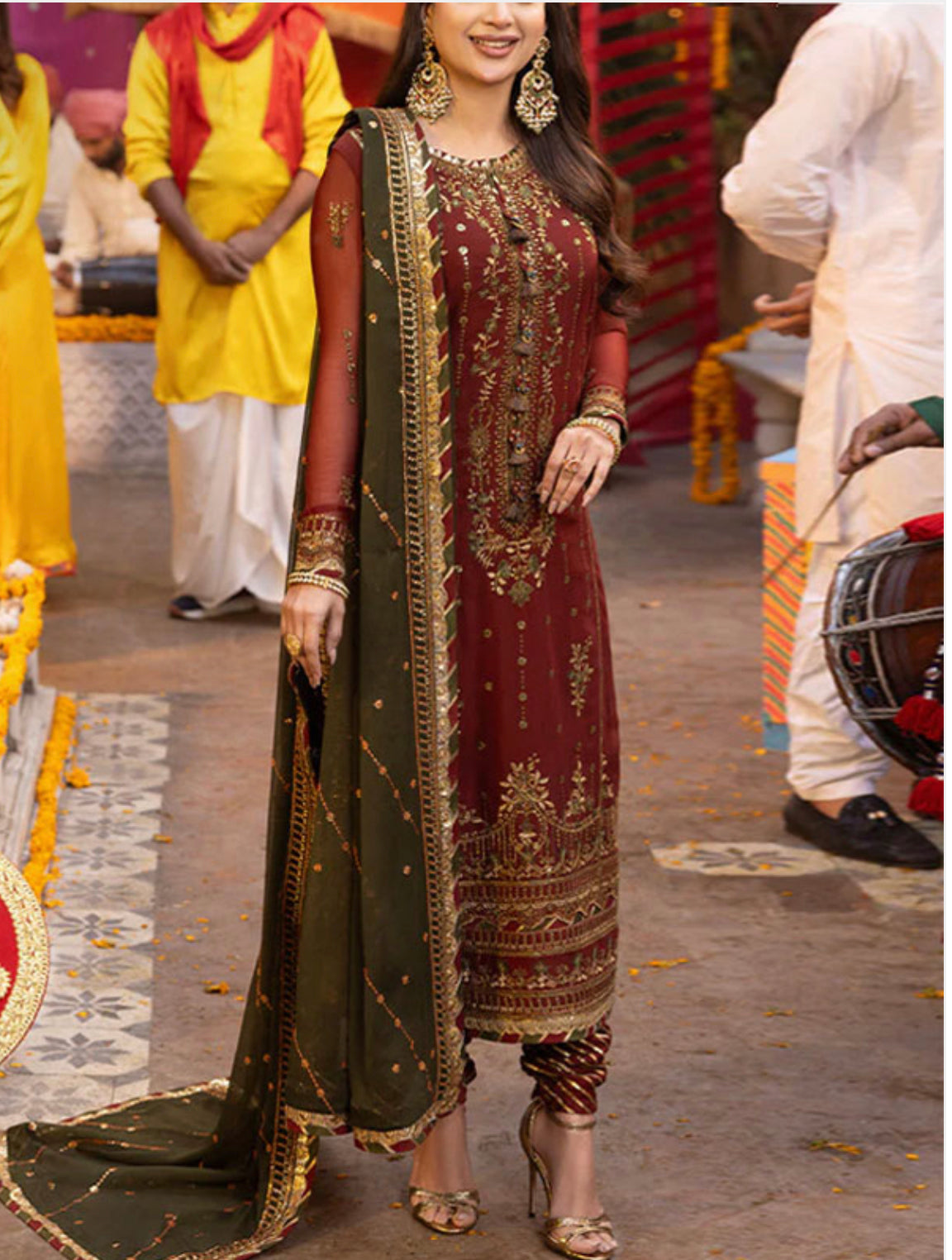 Embroidered Chiffon Dress Set (3 Pcs Unstitched) – Maroon & Green | Heavy Zari Thread & Sequins Work | Wedding Party Wear