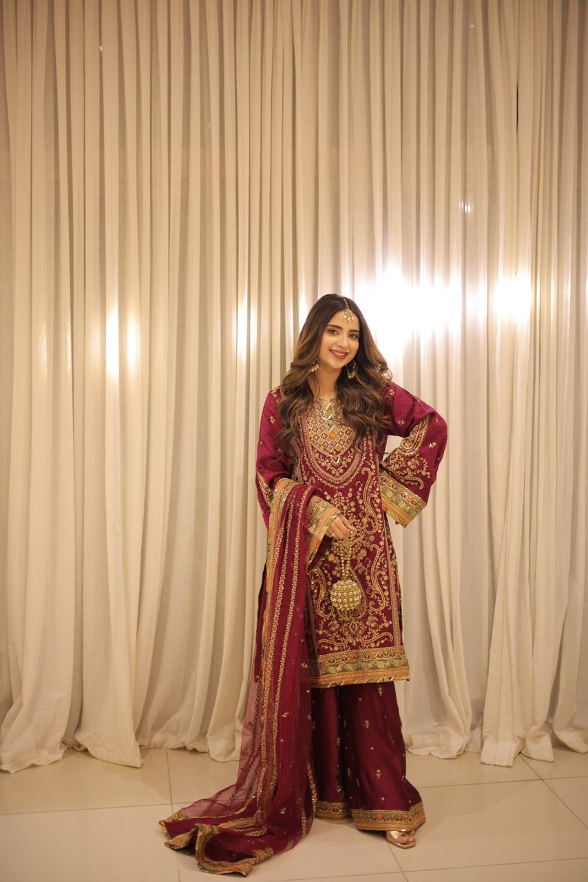 Hot Pink Charmeuse Silk 3-Piece Embroidered Dress | Zari, Sequins & Tilla Work | Luxury Unstitched Collection