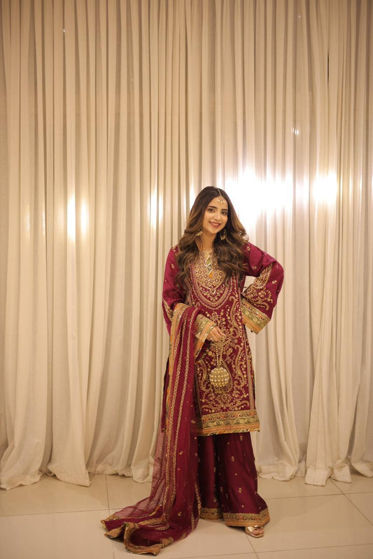 Hot Pink Charmeuse Silk 3-Piece Embroidered Dress | Zari, Sequins & Tilla Work | Luxury Unstitched Collection