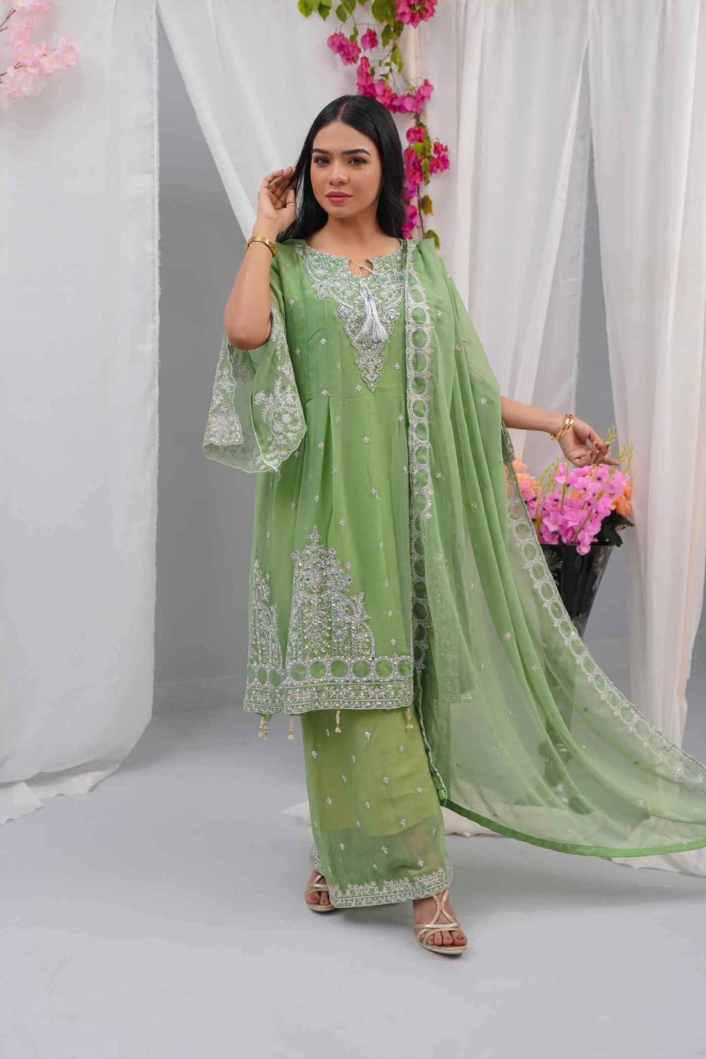 Premium Semi-Pure Chiffon Embroidered Dress – Handcrafted Handwork – Ready-to-Wear Wedding & Parties (Sizes S/M/L)