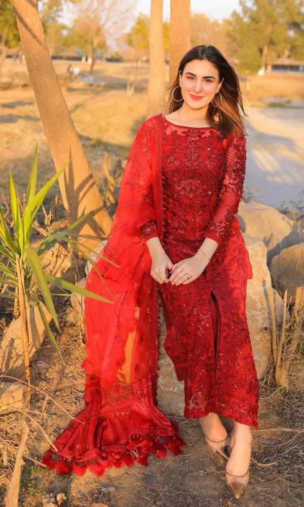 MARYAM HUSSAIN RED DRESS LUXURY FORMALS HEAVY NET EMBROIDERED WITH SEQUINS BEADS EMBELLISHMENTS 