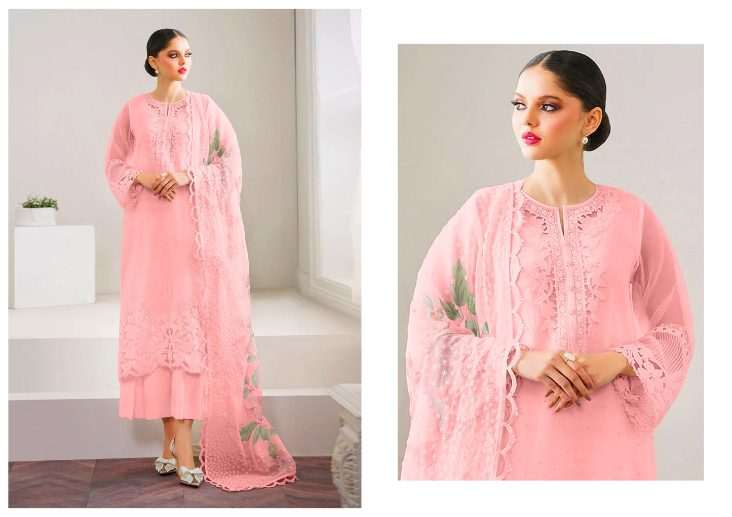 Baroque Chantelle Organza Unstitched 3-Piece Suit – Embroidered Shirt, Digital Printed Dupatta & Silk Trouser Peach