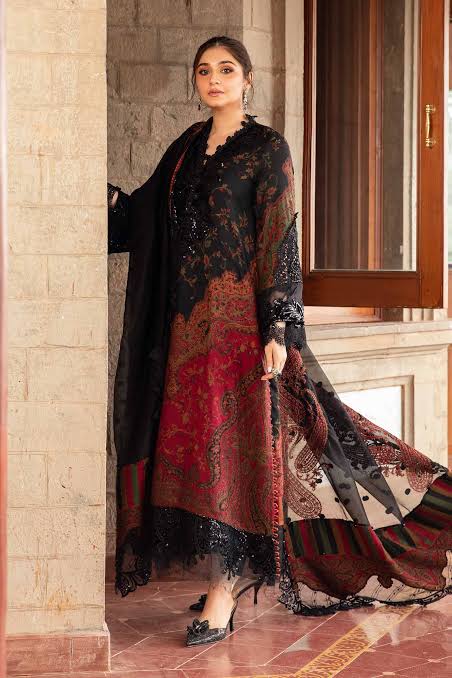 Maria B 3pcs Unstitched Lawn Dress with chiffon Dupatta Embroidered Embellishments