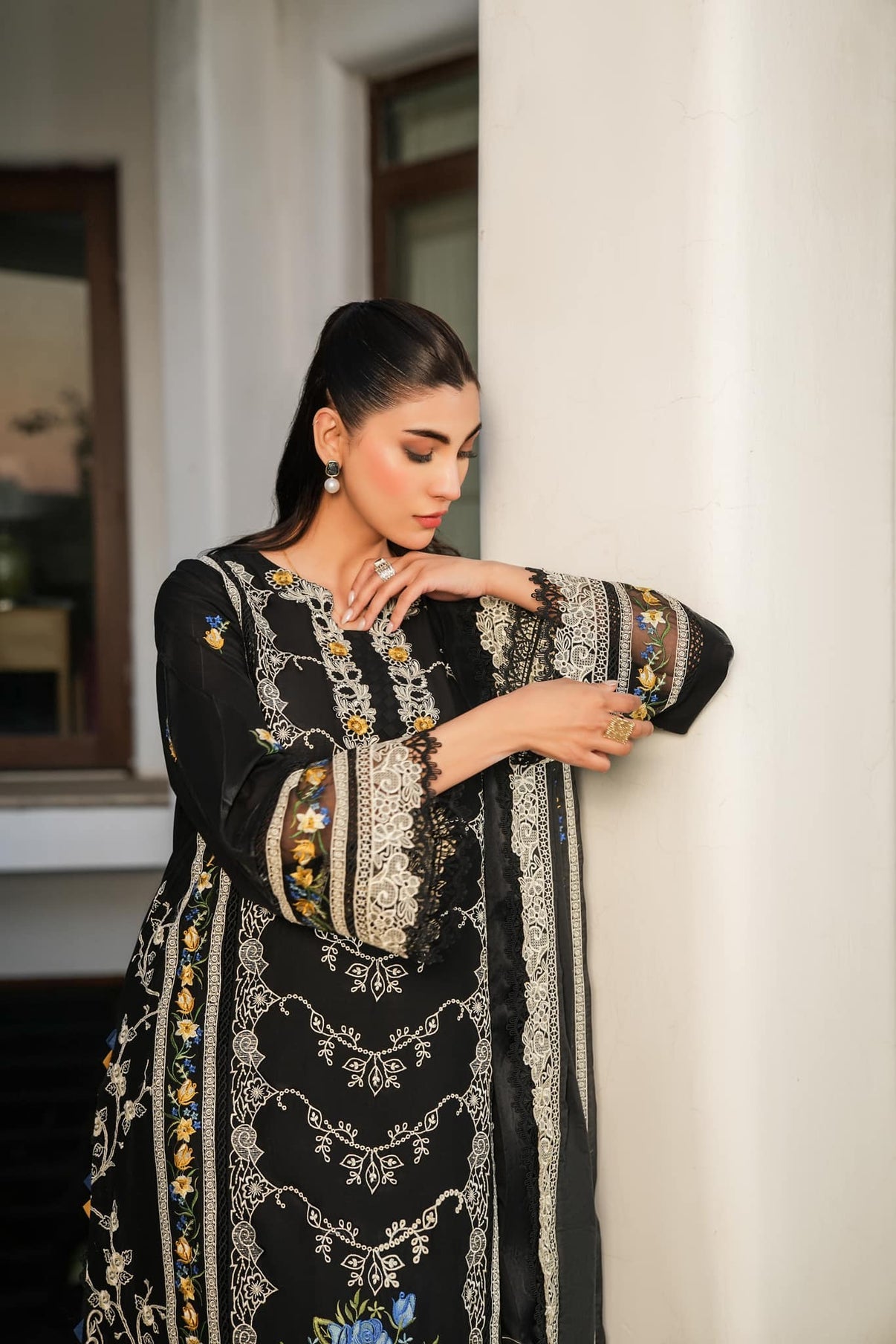 Elegant Black Cotton Chikankari Dress Set – Heavy Embroidery, Organza Dupatta & Plain Trouser | Unstitched Party Wear | Summer Brunch Outfit