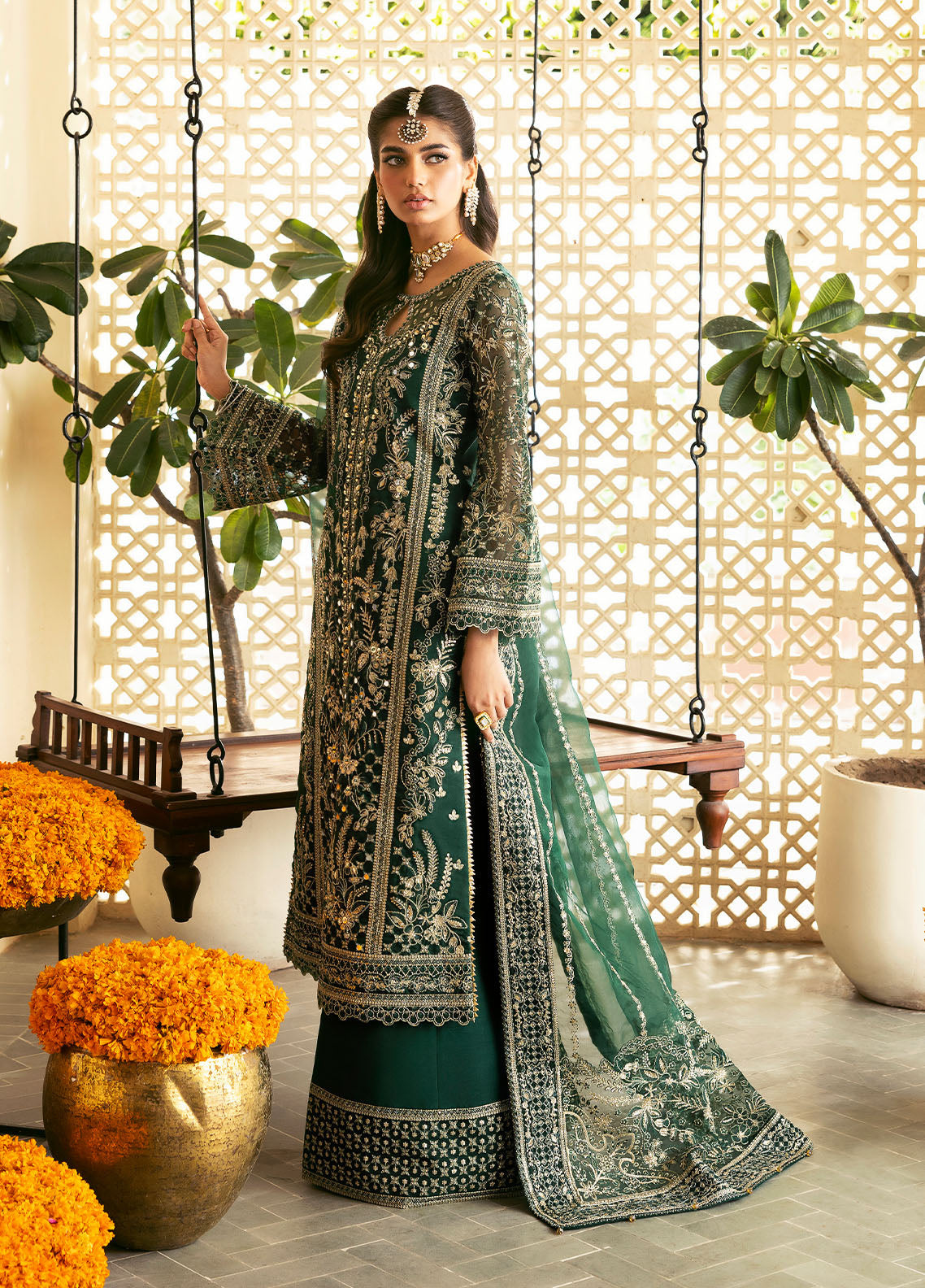 Deep Green Embroidered Partywear Set | BRAND GULAL ZAYRA LUXURY Chiffon Shirt, Net Dupatta & Silk Trouser