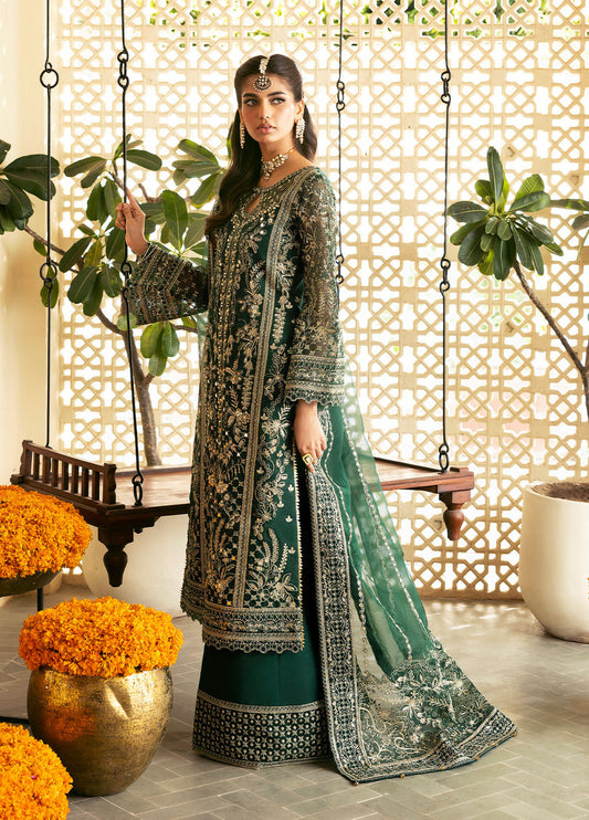 Deep Green Embroidered Partywear Set | BRAND GULAL ZAYRA LUXURY Chiffon Shirt, Net Dupatta & Silk Trouser