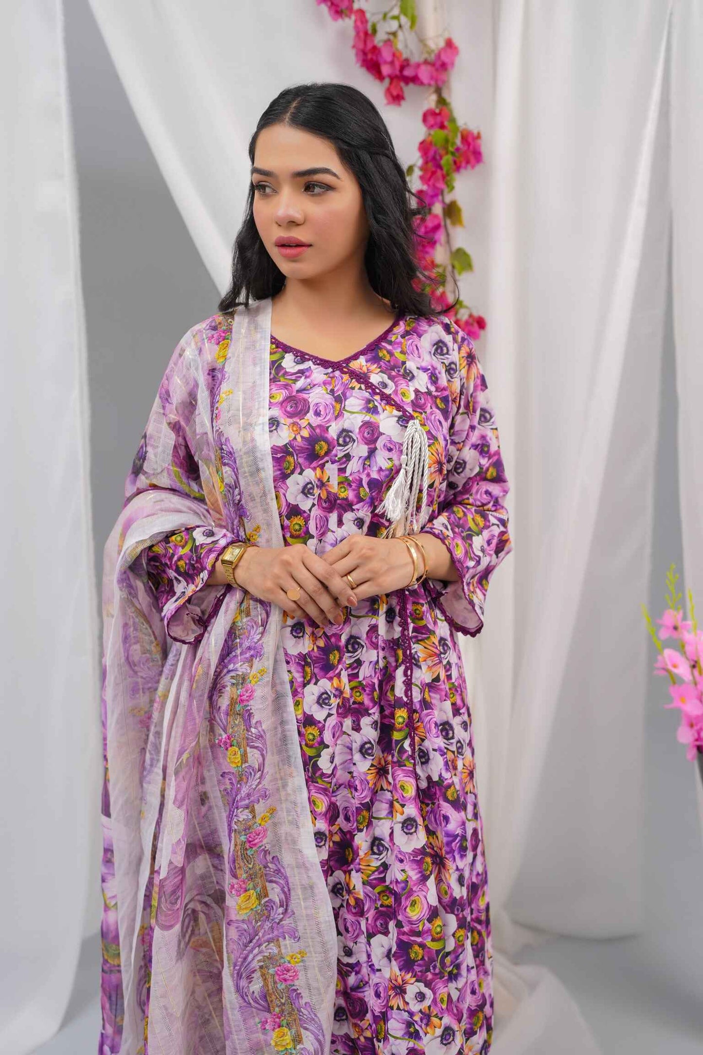 "3-Piece Stitched Swiss Lawn Dress (Shirt + Pants + Dupatta) – GPO Lace Panels | Summer Casual Wear | Sizes S/M/L"