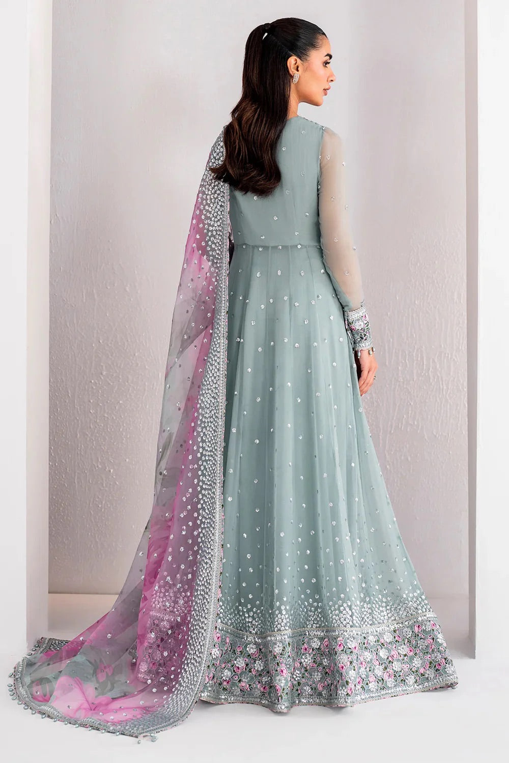 "Pink Aqua Chiffon Maxi with Net Dupatta & Silk Trouser – Embroidered Zari Work, Sequins, and Stones"