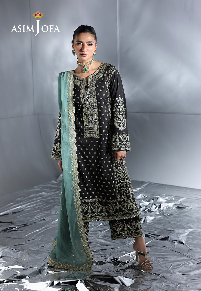 ASIM JOFA EMBROIDERED CHIFFON UNSTITCHED 3 PCS BLACK AND AQUA