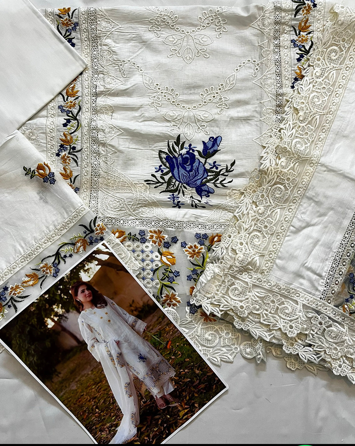 "Elegant Off-White Cotton Chikankari Dress Set – Heavy Embroidery, Organza Dupatta & Plain Trouser | Unstitched Party Wear | Summer Brunch Outfit"