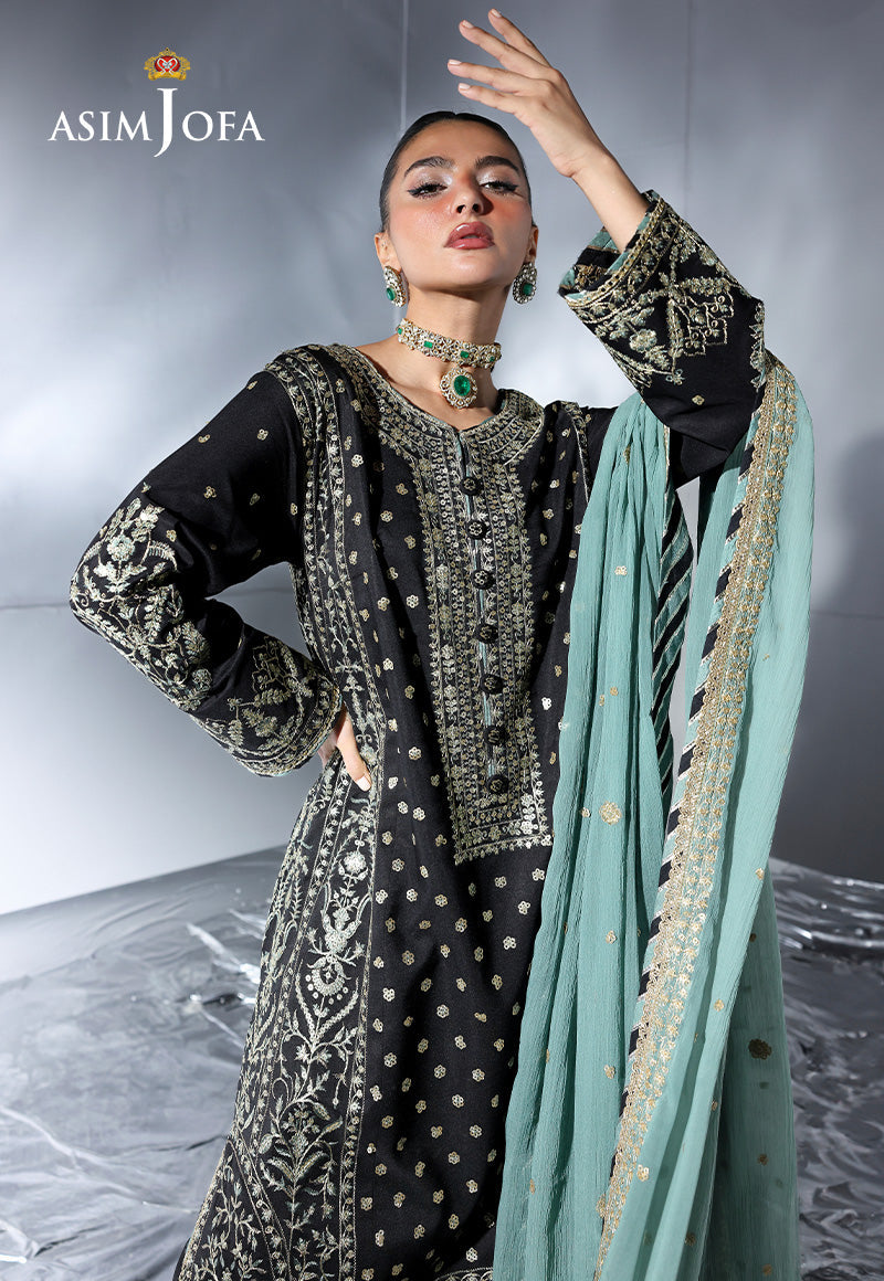 ASIM JOFA EMBROIDERED CHIFFON UNSTITCHED 3 PCS BLACK AND AQUA