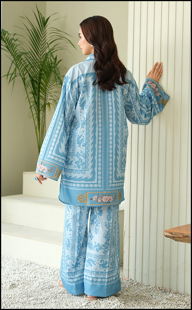 Digital Printed Charmeuse Silk Shirt & Trouser Set with Silk Dupatta – Luxury Loungewear & Party Wear