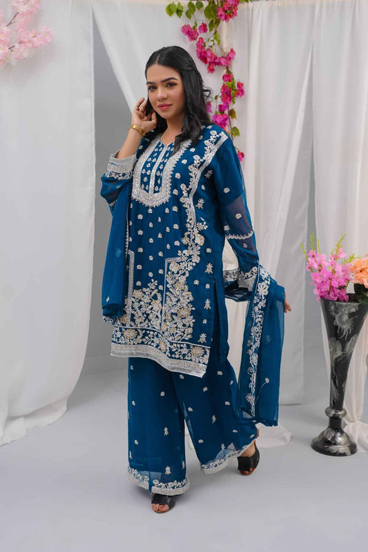 Embroidered Chiffon 3-Piece Suit (Zari + Sequins) – Pastel Floral with Kiran Lace & Lining