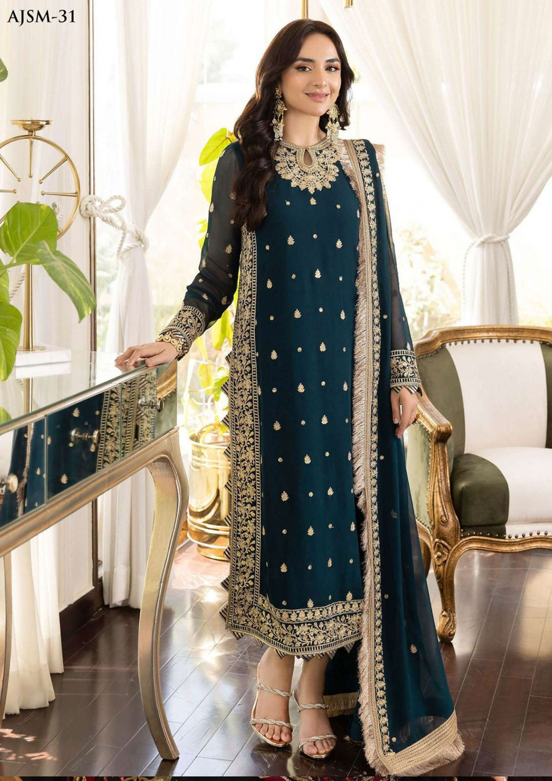 ASIM JOFA Embroidered Chiffon Shirt & Silk Trouser Set | Heavy Embroidery | 4-Sided Dupatta