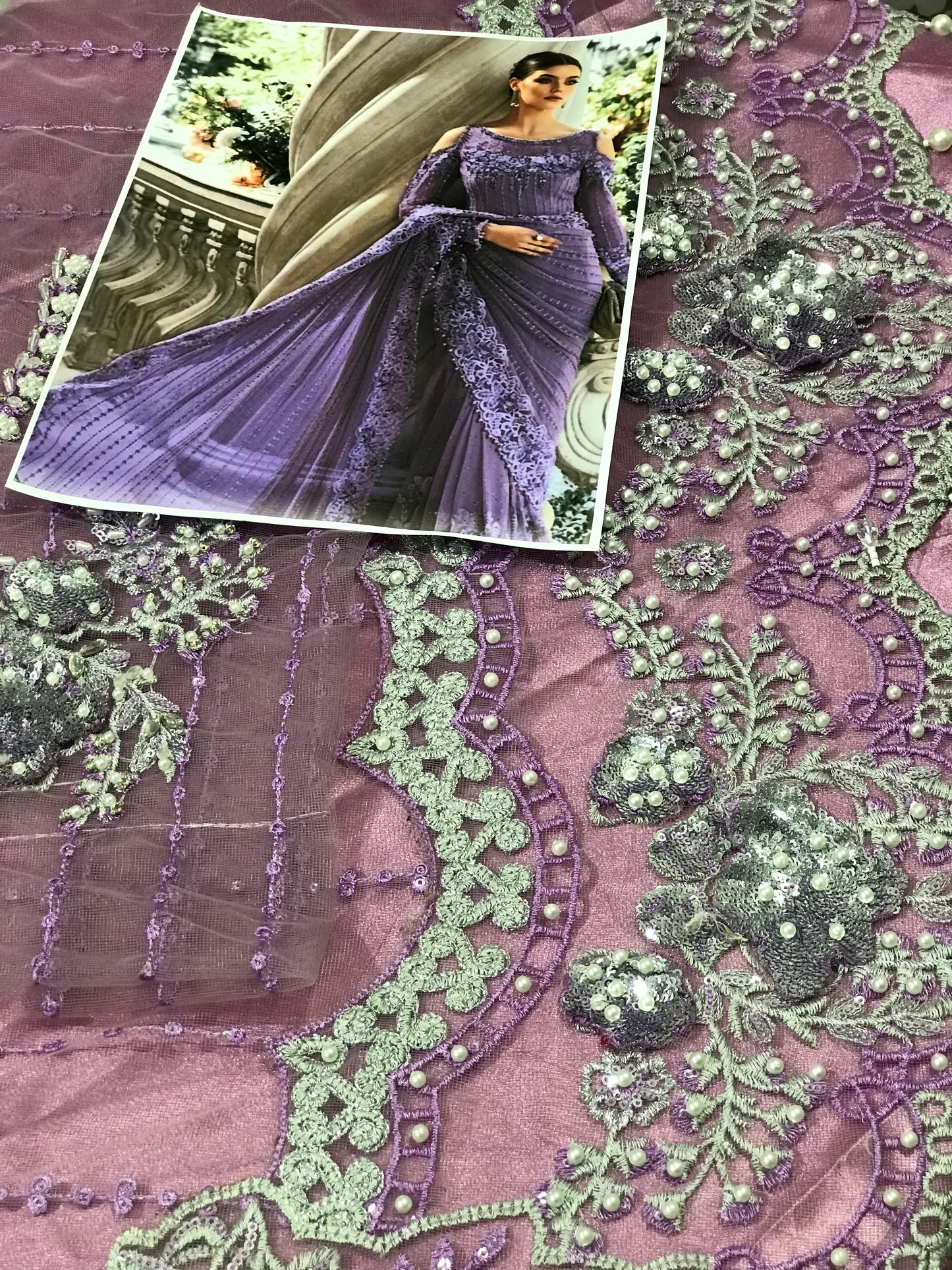 MARIA B NET EMBROIDERED SAREE WITH 3D FLOWERS ADDA HANDWORK PEARLS TASSELS 