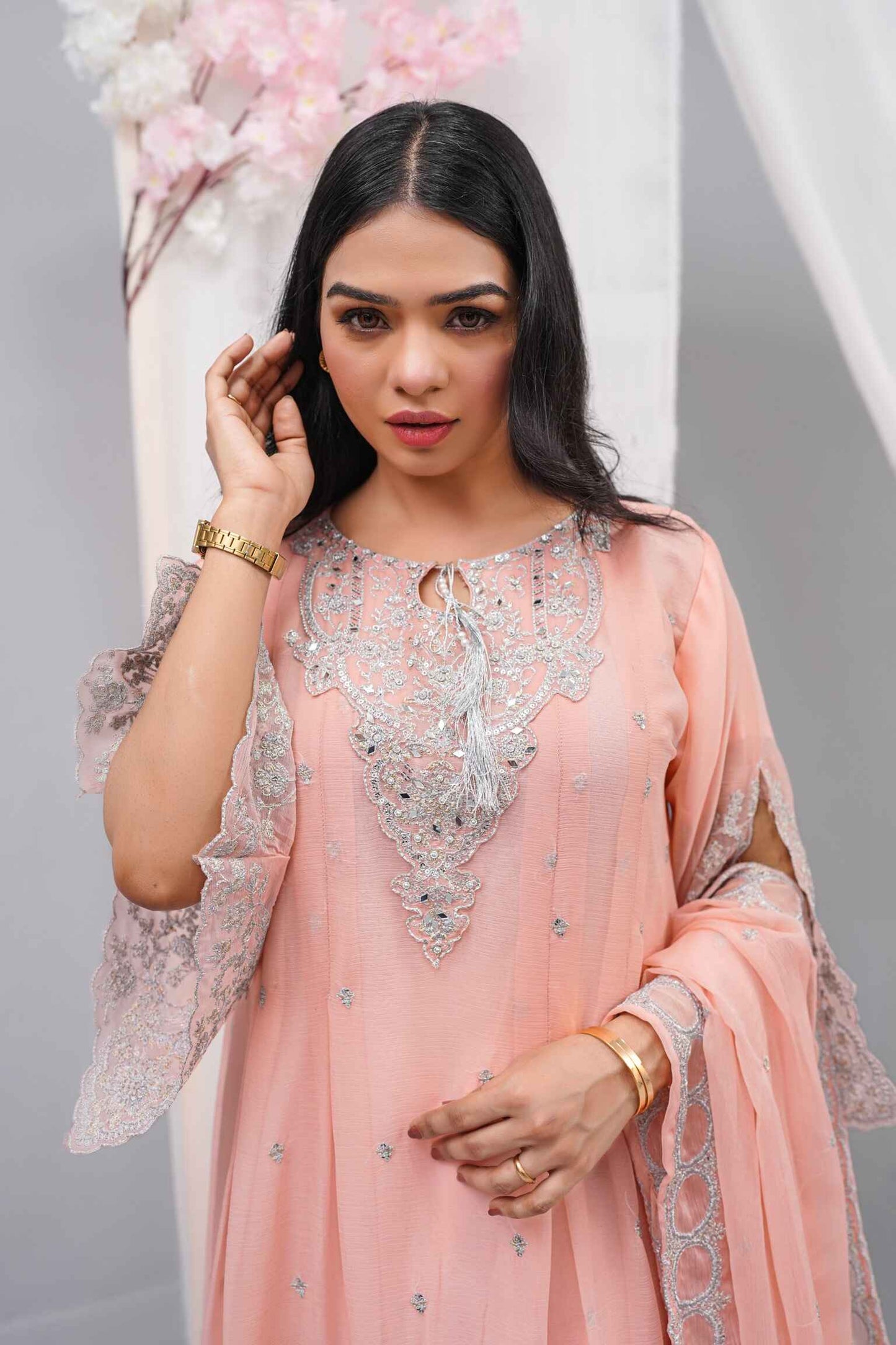 Premium Semi-Pure Chiffon Embroidered Dress – Handcrafted Handwork – Ready-to-Wear Wedding & Parties (Sizes S/M/L)