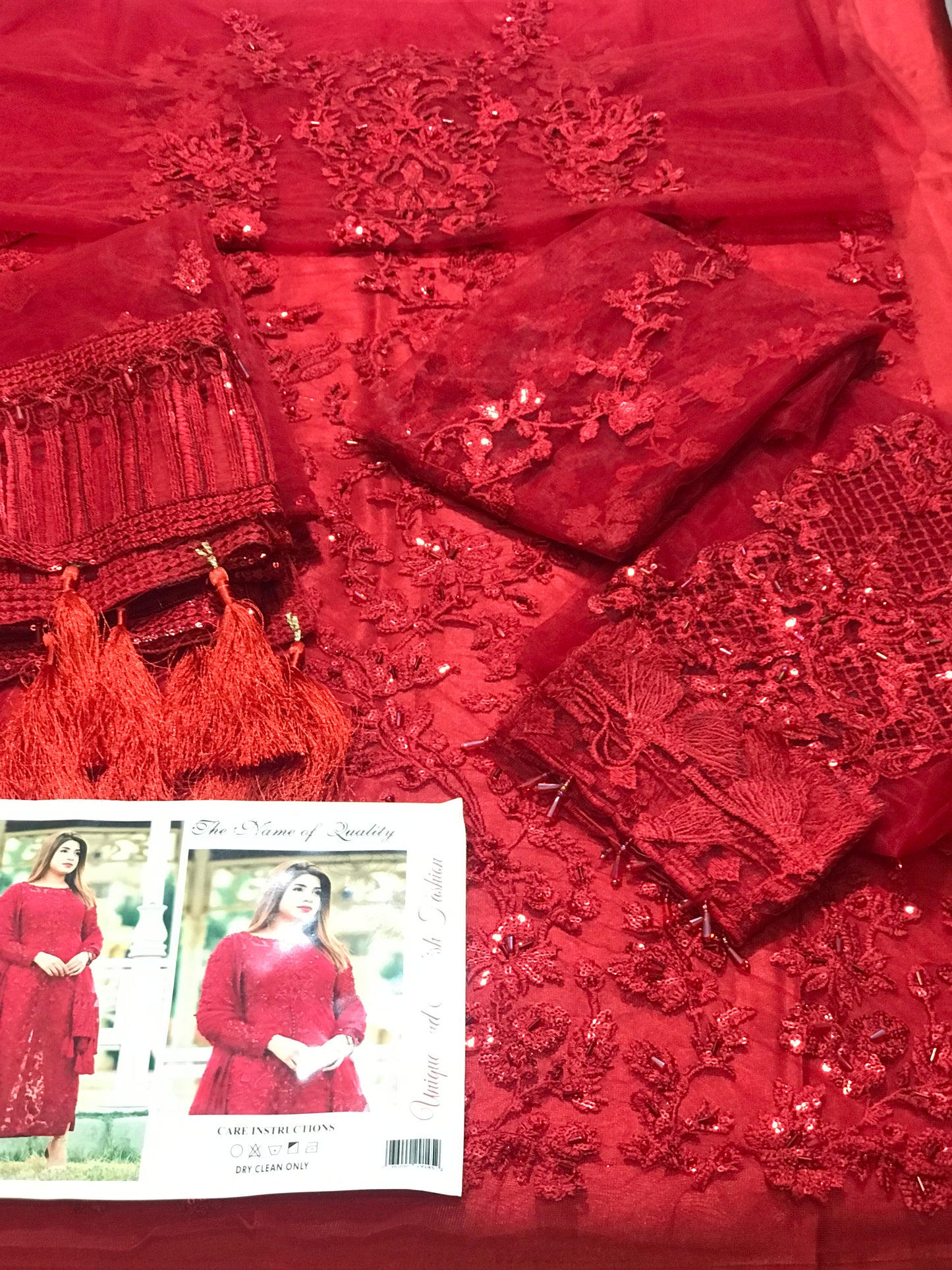 MARYAM HUSSAIN RED DRESS LUXURY FORMALS HEAVY NET EMBROIDERED WITH SEQUINS BEADS EMBELLISHMENTS 