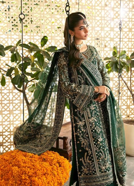 Deep Green Embroidered Partywear Set | BRAND GULAL ZAYRA LUXURY Chiffon Shirt, Net Dupatta & Silk Trouser