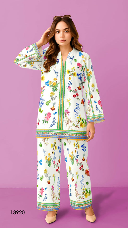 COCO COORD SET SILK LAWN 2 pcs unstitched DIGITAL PRINTED off white