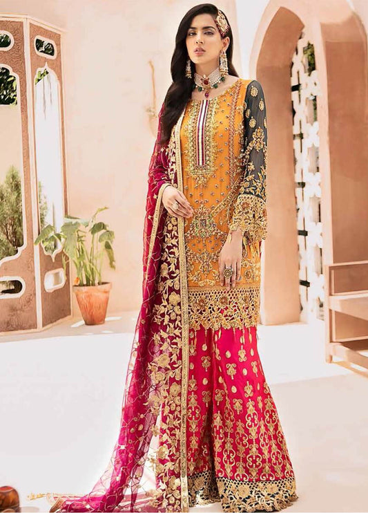 Emaan Adeel Designer Party Wear Unstitched Suit – Heavy Embroidered Chiffon & Silk 3PC Dress (Pink, Green, Yellow)