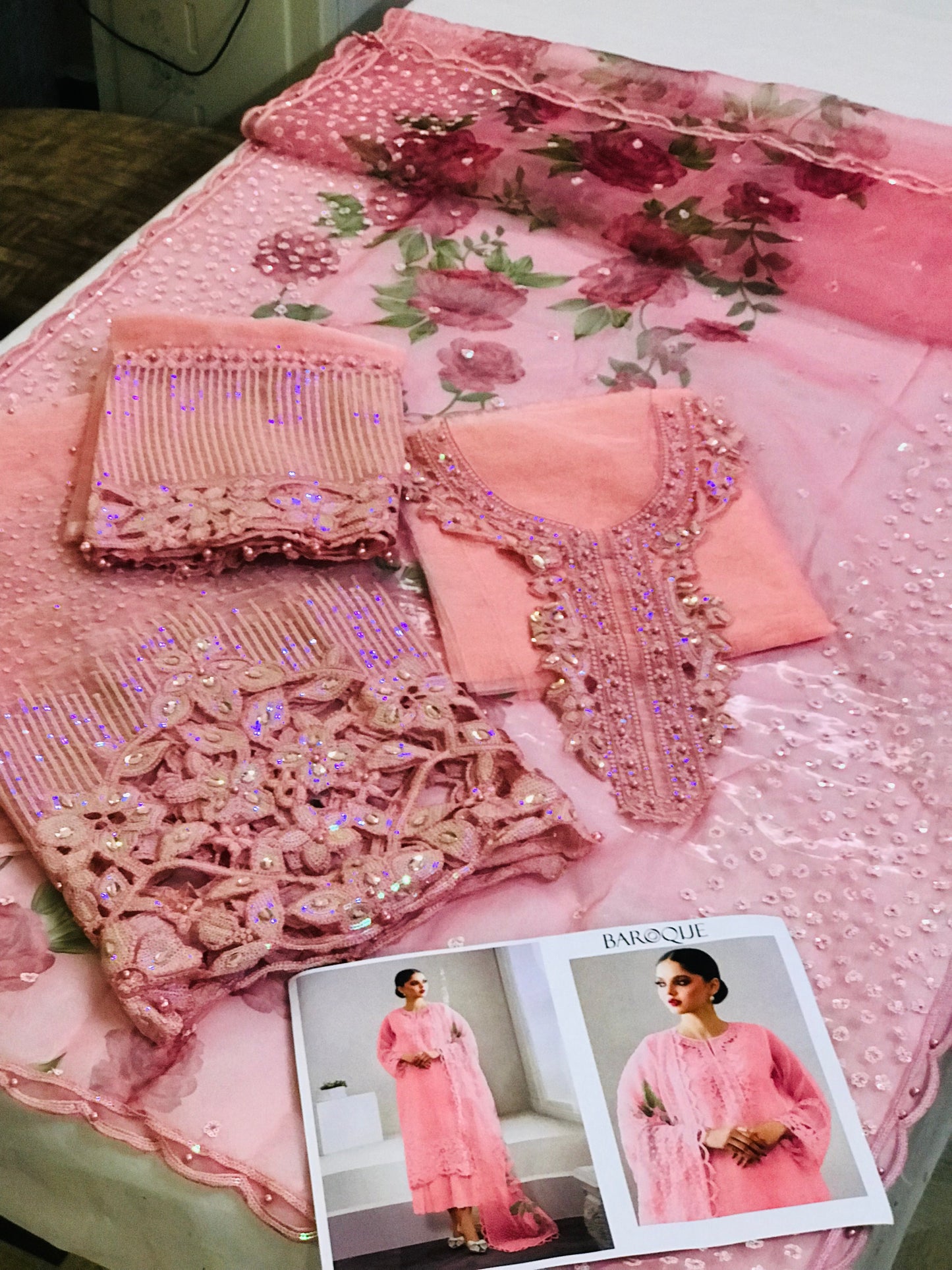 Baroque Chantelle Organza Unstitched 3-Piece Suit – Embroidered Shirt, Digital Printed Dupatta & Silk Trouser Peach