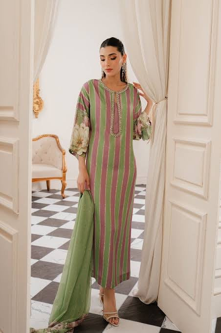 Handmade Neckline Charmeuse Silk Shirt & Trouser Set – Only ₨3,500!"  (Includes: Silk dupatta + Digital print | Eid & Wedding Ready)