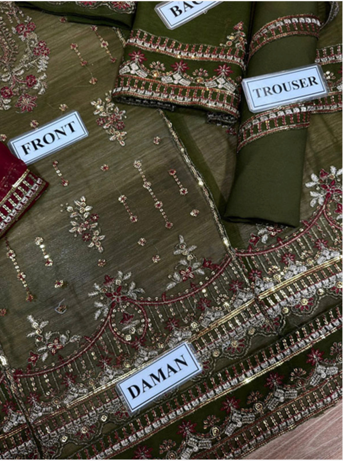 Embroidered Chiffon Dress Set (3 Pcs Unstitched) – Maroon & Green | Heavy Zari Thread & Sequins Work | Wedding Party Wear