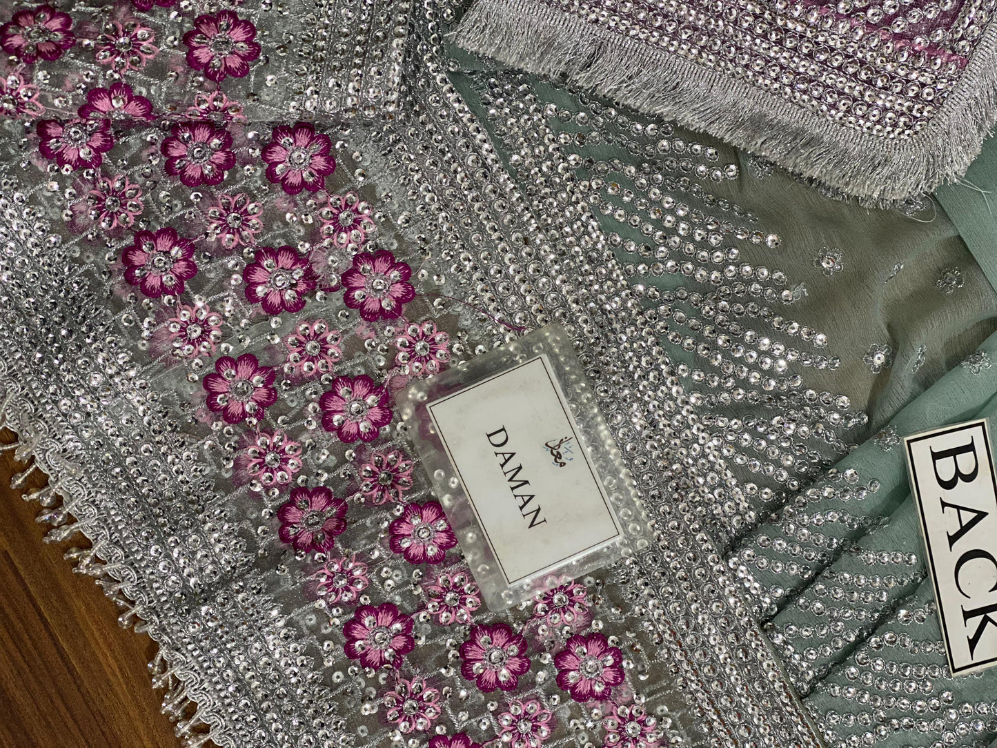 "Pink Aqua Chiffon Maxi with Net Dupatta & Silk Trouser – Embroidered Zari Work, Sequins, and Stones"