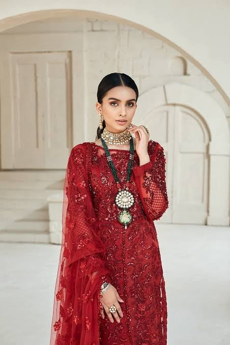MARYAM HUSSAIN RED DRESS LUXURY FORMALS HEAVY NET EMBROIDERED WITH SEQUINS BEADS EMBELLISHMENTS 