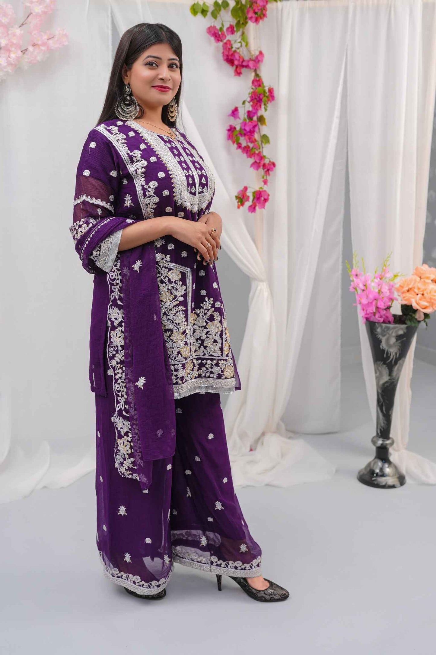 Embroidered Chiffon 3-Piece Suit (Zari + Sequins) – Pastel Floral with Kiran Lace & Lining