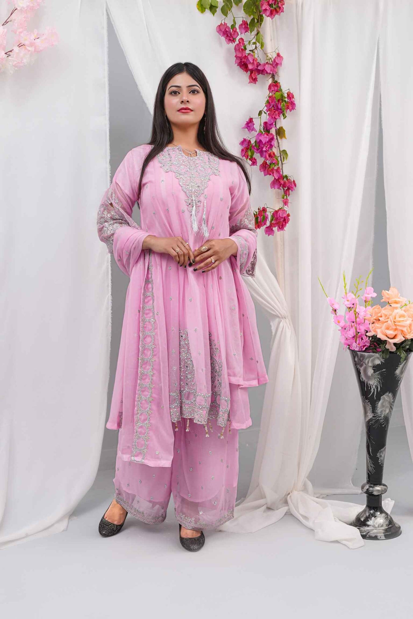 Premium Semi-Pure Chiffon Embroidered Dress – Handcrafted Handwork – Ready-to-Wear Wedding & Parties (Sizes S/M/L)