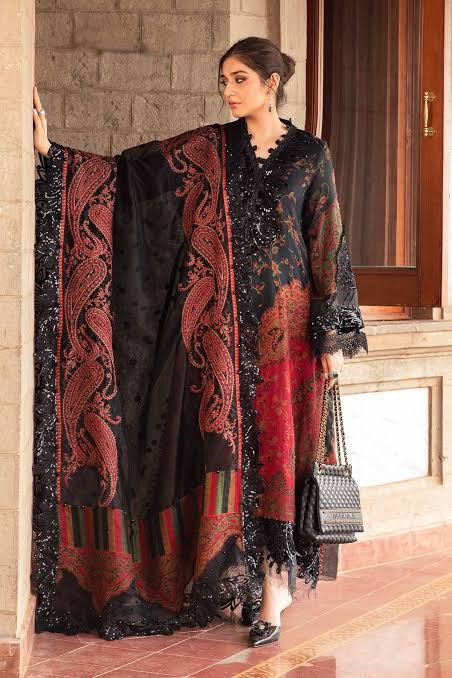Maria B 3pcs Unstitched Lawn Dress with chiffon Dupatta Embroidered Embellishments