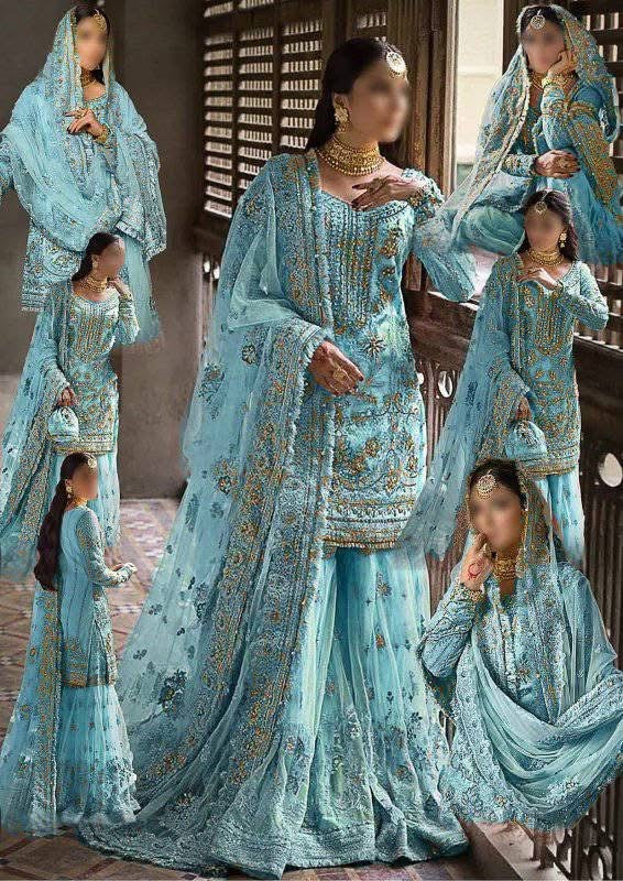 Luxury Net Embroidered Bridal Outfit Unstitched (4 Pc) – Shirt, Lehenga, Dupatta – Wedding & Valima Wear