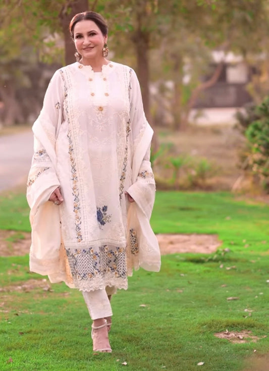 "Elegant Off-White Cotton Chikankari Dress Set – Heavy Embroidery, Organza Dupatta & Plain Trouser | Unstitched Party Wear | Summer Brunch Outfit"