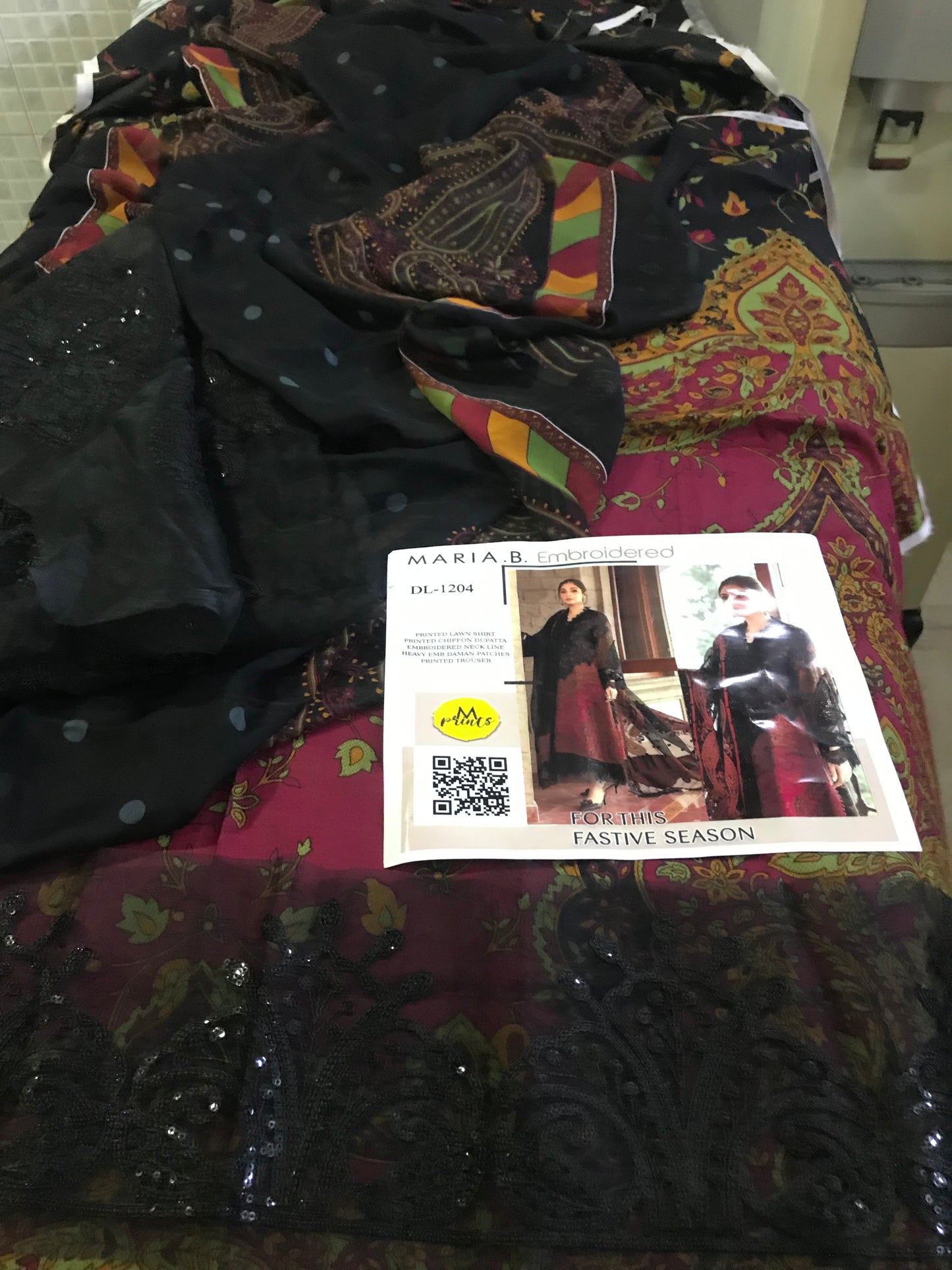 Maria B 3pcs Unstitched Lawn Dress with chiffon Dupatta Embroidered Embellishments