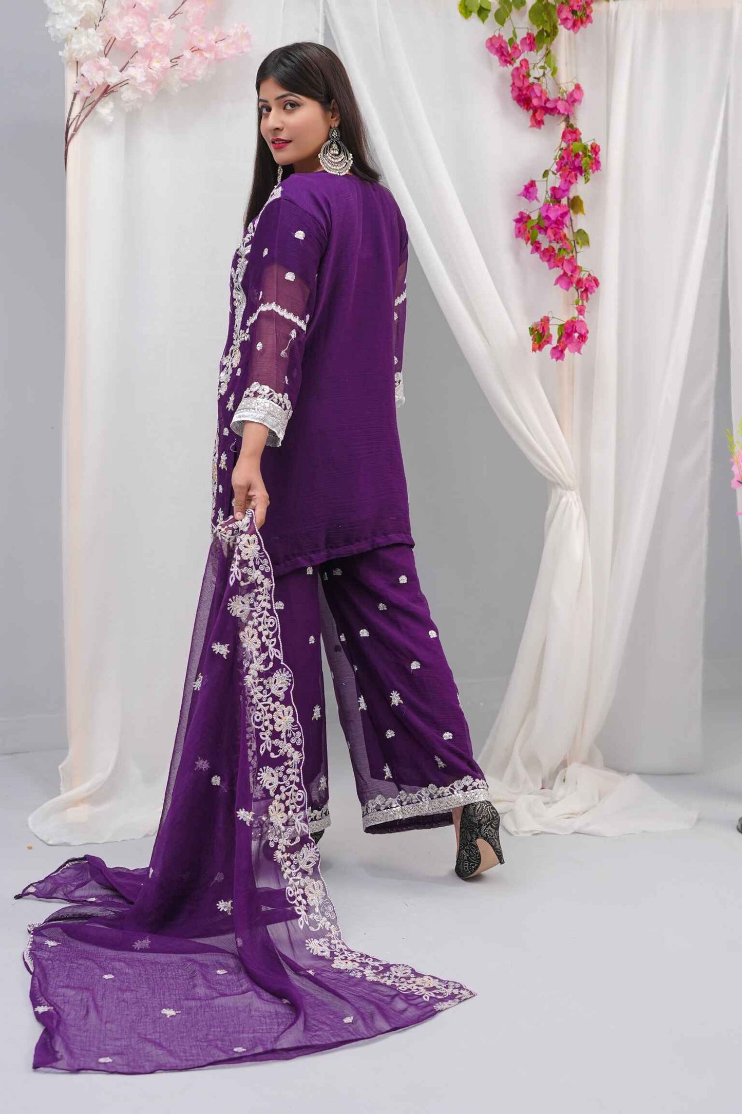 Embroidered Chiffon 3-Piece Suit (Zari + Sequins) – Pastel Floral with Kiran Lace & Lining