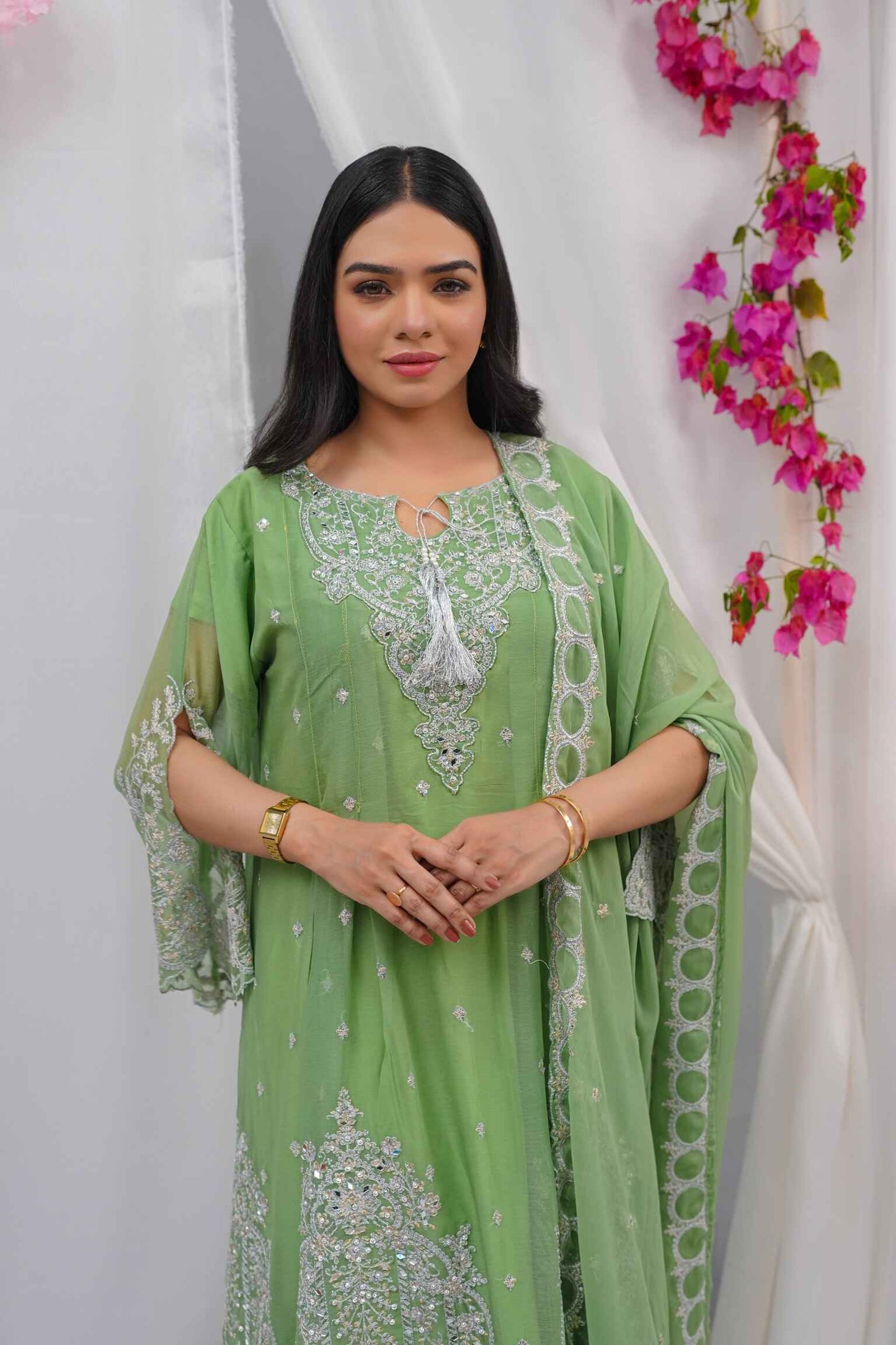 Premium Semi-Pure Chiffon Embroidered Dress – Handcrafted Handwork – Ready-to-Wear Wedding & Parties (Sizes S/M/L)