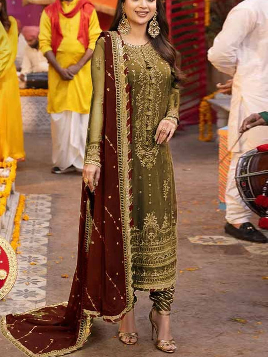 Embroidered Chiffon Dress Set (3 Pcs Unstitched) – Maroon & Green | Heavy Zari Thread & Sequins Work | Wedding Party Wear