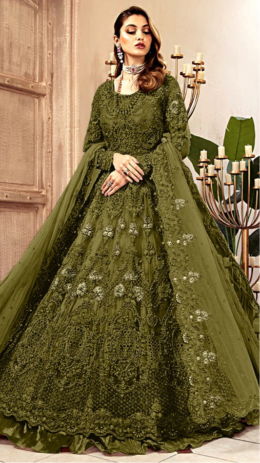 Mehendi Green net embroidered maxi dress with dupatta and tassels