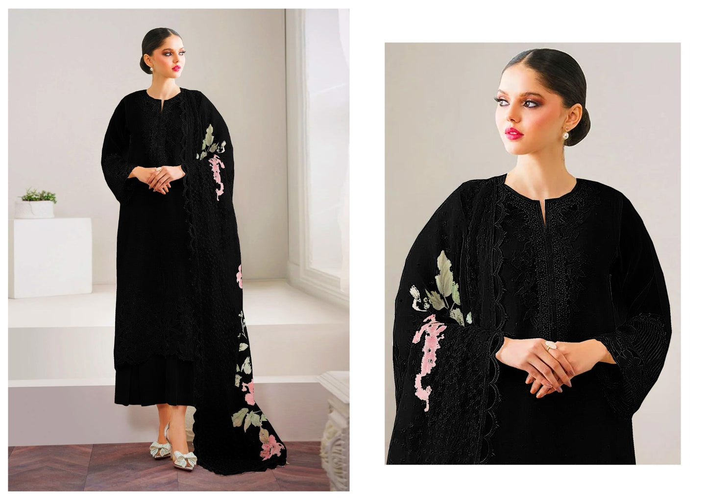Baroque Chantelle Organza Unstitched 3-Piece Suit – Embroidered Shirt, Digital Printed Dupatta & Silk Trouser Black