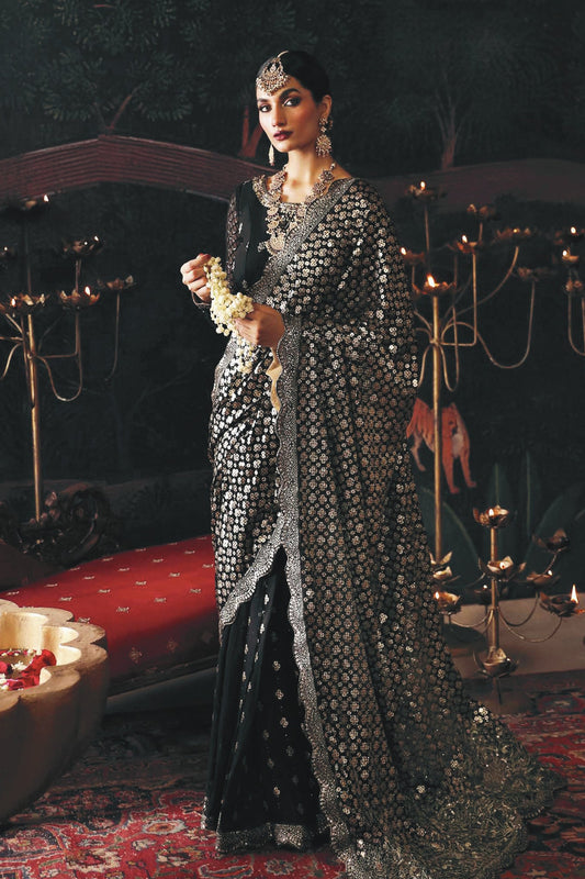 Devdas by Emaan Adeel | Black Net Embroidered Unstitched Saree 2025 | Luxury Festive Collection