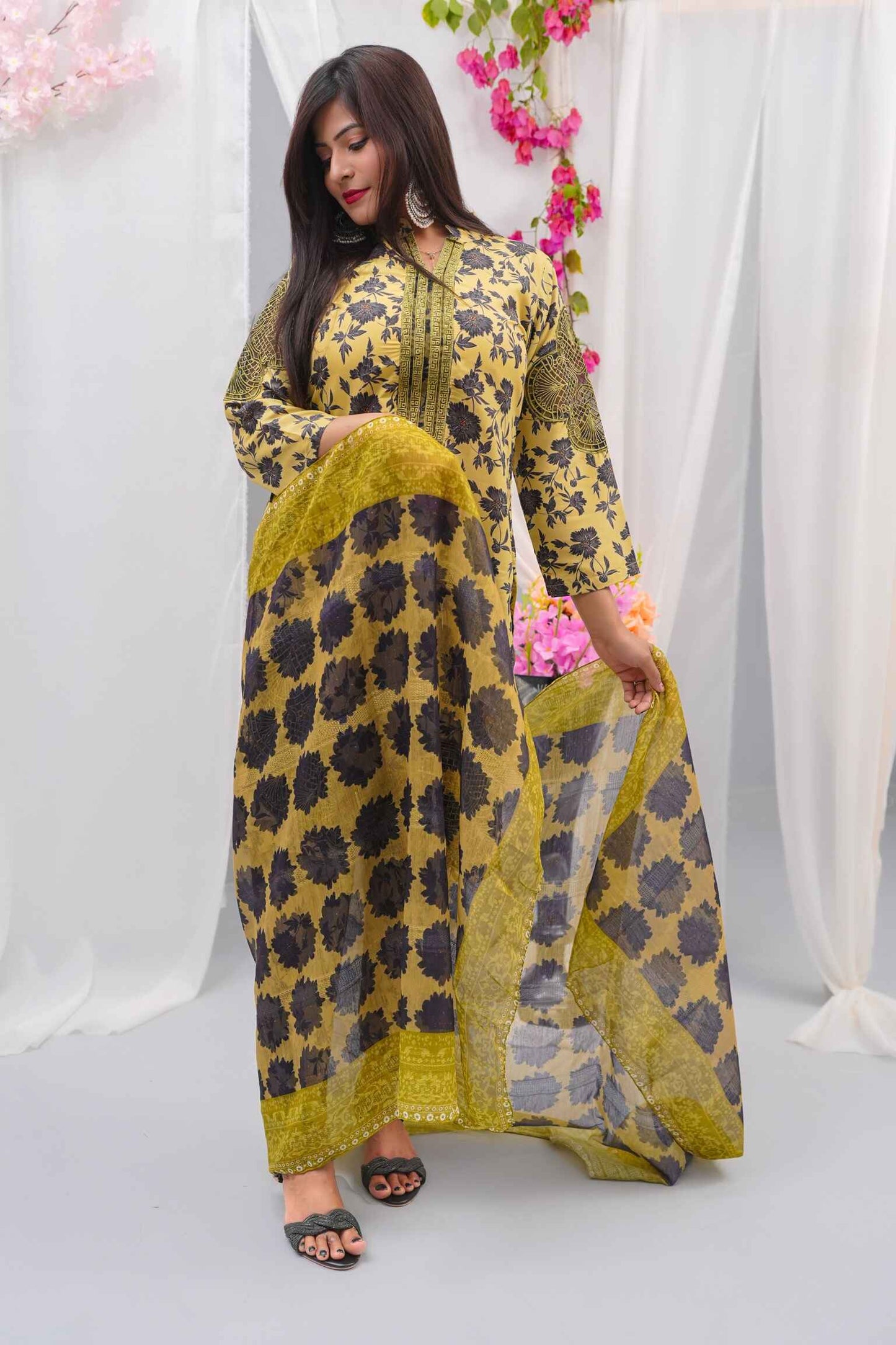 Swiss Premium Lawn 3-Piece Embroidered Suit (Shirt + Dupatta + Trouser) – Olive Floral