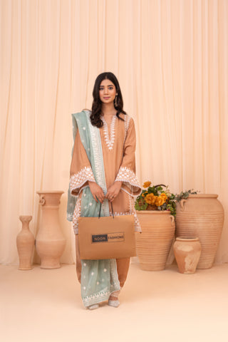 Pure Raw Silk Embroidered Suit with Crinkle Chiffon Dupatta – Mustard & Sage Green