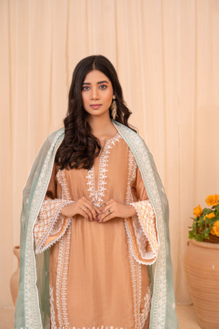 A woman modeling a peach-colored traditional outfit with intricate white embroidery and a light green dupatta, set against a soft beige curtain backdrop with a potted plant in the corner.