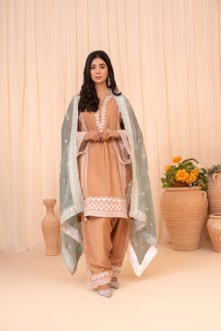 A woman models a traditional three-piece salwar kameez suit in beige with white embroidery, paired with a sheer light green dupatta featuring white border details. She stands in front of a beige curtain backdrop with decorative terracotta pots.