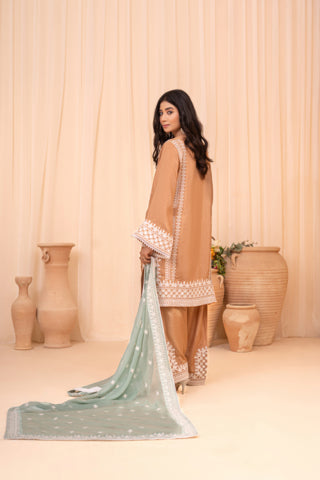 A woman modeling a traditional South Asian outfit with a beige kurta and matching trousers, holding a light green dupatta with white embroidery, set against a warm beige backdrop with decorative clay vases.