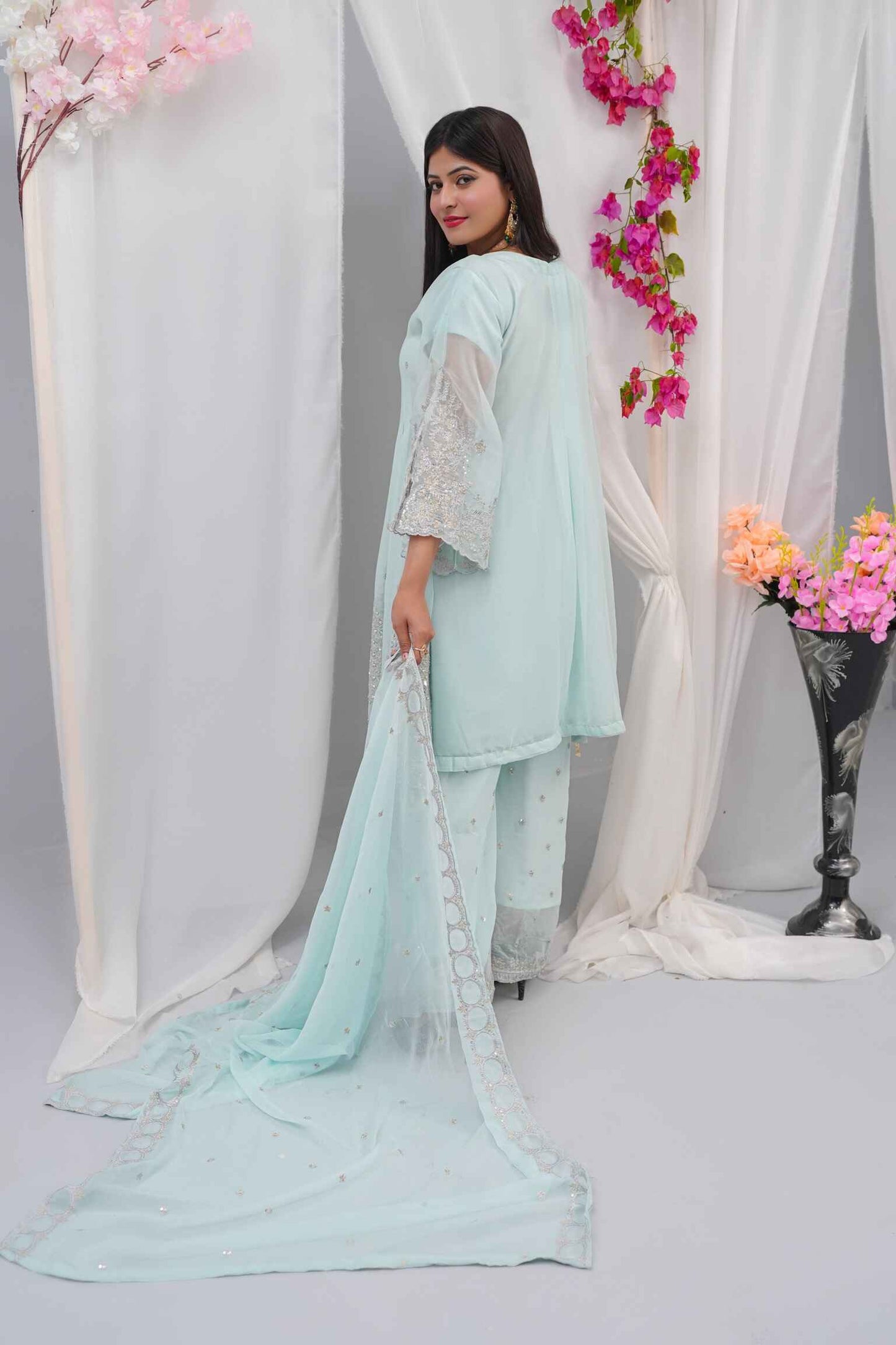 Premium Semi-Pure Chiffon Embroidered Dress – Handcrafted Handwork – Ready-to-Wear Wedding & Parties (Sizes S/M/L)