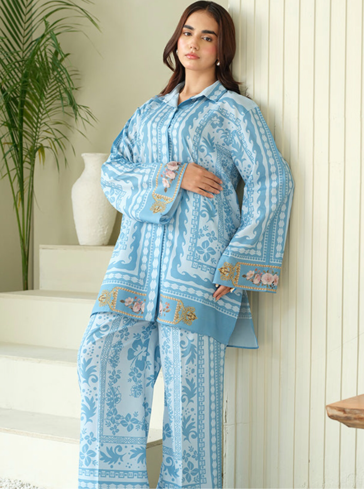 Digital Printed Charmeuse Silk Shirt & Trouser Set with Silk Dupatta – Luxury Loungewear & Party Wear