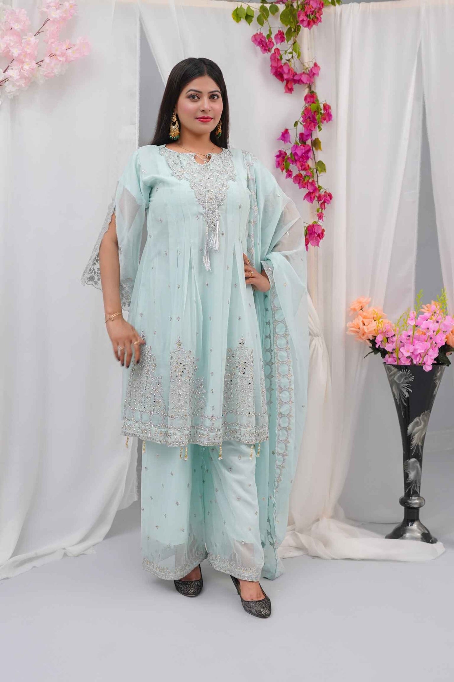 Premium Semi-Pure Chiffon Embroidered Dress – Handcrafted Handwork – Ready-to-Wear Wedding & Parties (Sizes S/M/L)