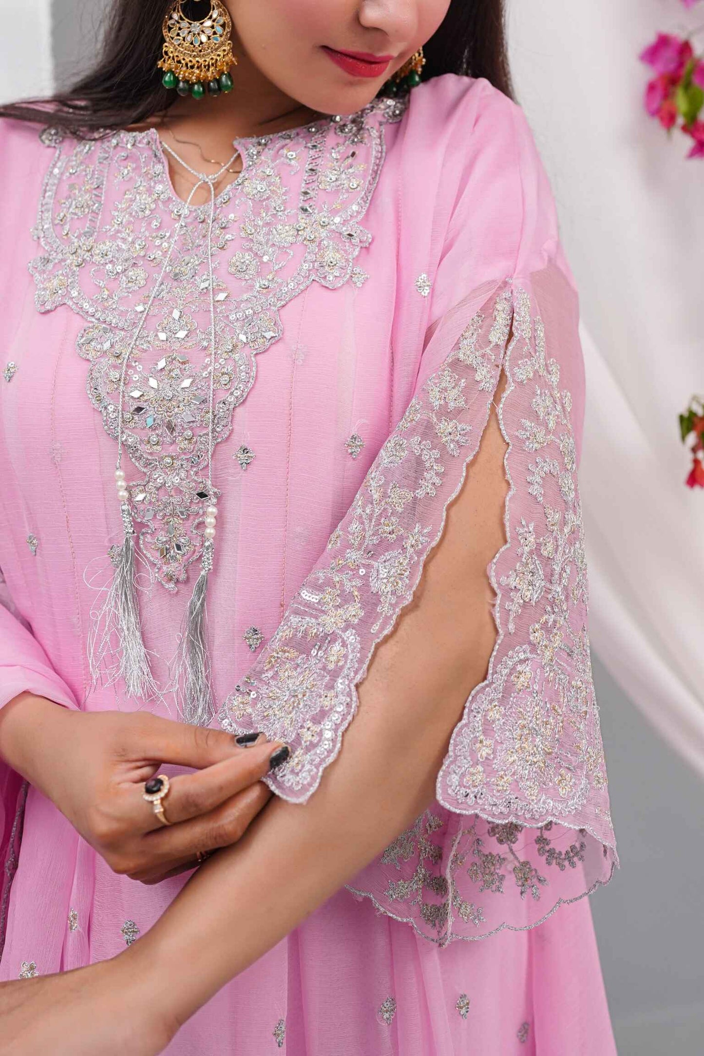 Premium Semi-Pure Chiffon Embroidered Dress – Handcrafted Handwork – Ready-to-Wear Wedding & Parties (Sizes S/M/L)